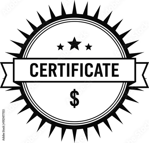 Black and white certificate seal with dollar sign and stars