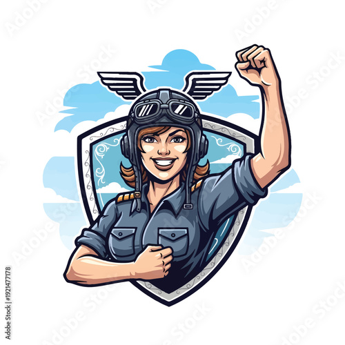 Female pilot heroine raising fist with shield and wings logo