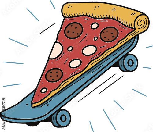 Dynamic cartoon mascot on a skateboard for fast food delivery branding, youth street wear, skater stickers, and urban snack marketing