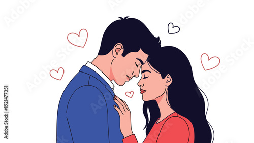 Loving couple in formal attire sharing a tender moment with their foreheads touching and small hearts floating in the air.