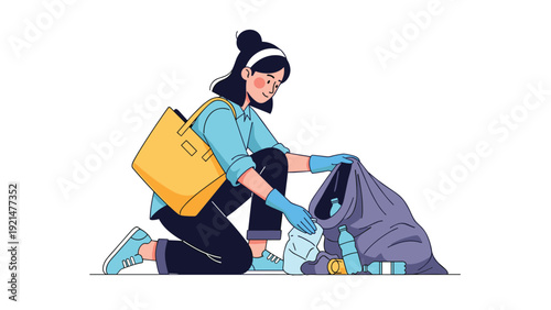 Responsible woman wearing gloves kneeling down to pick up plastic bottles and litter into a trash bag for environment cleaning.