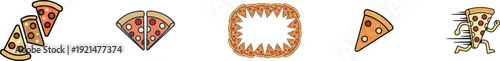 Professional pizza design bundle vector. Collection of pepperoni pizza border, delivery mascot, and minimalist icons for restaurant menus, fast food branding, web UI, and marketing graphics