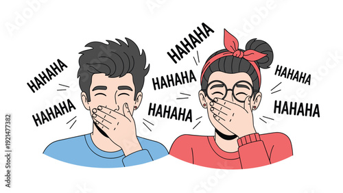 Young man and woman laughing hysterically while covering their mouths with their hands and the word hahaha repeating around them.