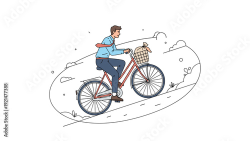 Happy businessman riding a bicycle uphill with a grocery bag in the basket on a sunny day for a healthy commute to work.
