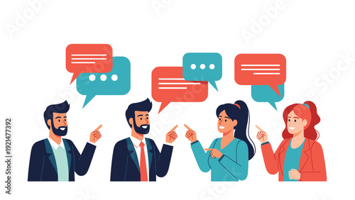 Group of four business professionals pointing at speech bubbles while engaging in an active conversation and sharing ideas together.