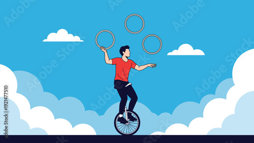 Talented circus performer wearing a red shirt balances on a unicycle while juggling three silver rings against a beautiful cloudy sky background.