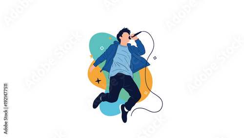 Energetic young man jumping and singing with a microphone during an artistic performance with colorful abstract shapes in the background.