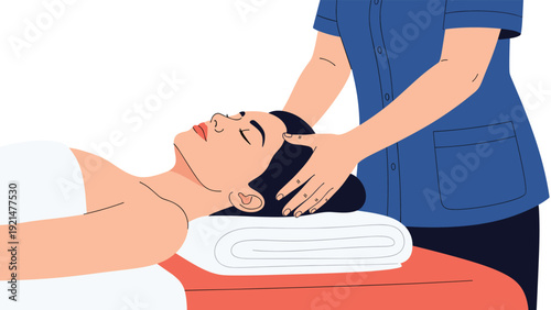 Relaxed young woman lying on a massage table receives a professional head and temple massage from a therapist in a blue uniform at a spa.