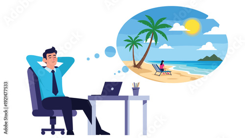 Tired businessman sitting at his office desk with a laptop dreams of a relaxing tropical beach vacation with palm trees and warm sunshine.