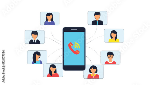 Smartphone screen displaying an incoming call icon connected to various diverse people icons by dotted lines representing digital networking.