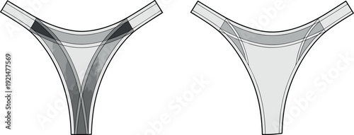 Front and back view technical sketch of women thong underwear design template, minimal lingerie flat vector illustration isolated on white background for fashion production