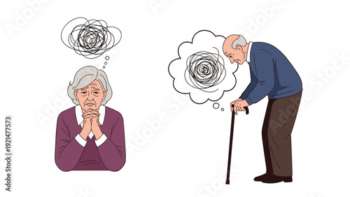 Elderly man and woman appear sad and confused with tangled scribbles in their thought bubbles representing memory loss or dementia symptoms.