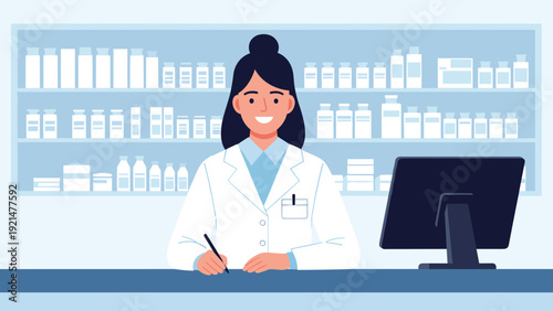Friendly female pharmacist in a white lab coat stands behind the counter of a modern drugstore with shelves full of various medicines.