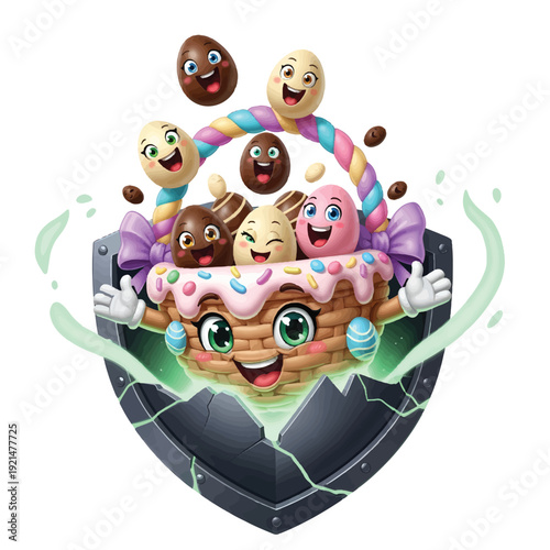 Playful Chocolate Egg Basket with Smiling Treats and Shield