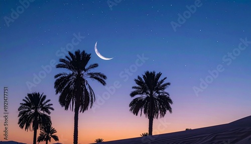 Ramadan Eid Moon Sighting with Crescent Over Palm Trees and Desert Horizon