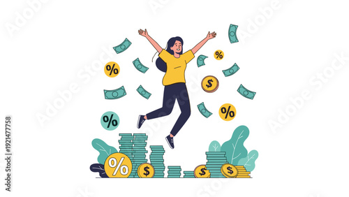 Joyful woman jumps in the air celebrating financial success and savings surrounded by falling banknotes, coins, and green percentage symbols.