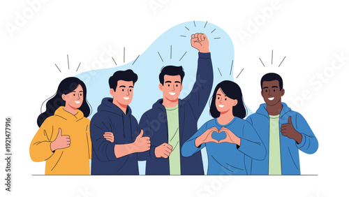 Diverse group of five young people cheering together with thumbs up, heart hands, and a raised fist to show unity and mutual success.