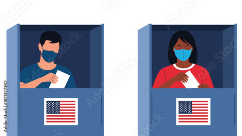 Man and woman wearing blue face masks cast their paper ballots in private voting booths decorated with the American flag for a national election.