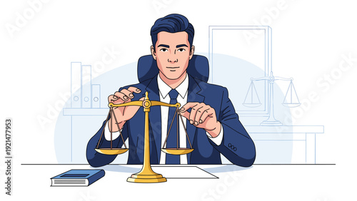 Serious lawyer or judge in a navy blue suit sits at a desk and carefully balances the golden scales of justice in a professional legal office.
