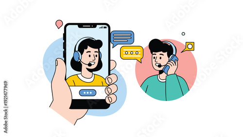Person holds a modern smartphone showing a woman on a video call while talking to a man in a separate chat bubble with professional headsets.