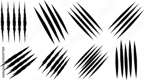 Black Claw Marks and Wild Animal Scratch Silhouettes Collection with Torn Paper Effect Vector Icons Isolated on White Background for Horror and Monster Design Projects