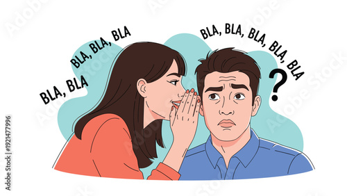 Young woman in an orange shirt whispers gossipy secrets into a man's ear as he looks surprised and confused against a light teal background.