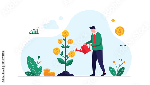 Professional businessman in a green sweater waters a plant with growing gold coins to represent long-term investment growth and financial care.