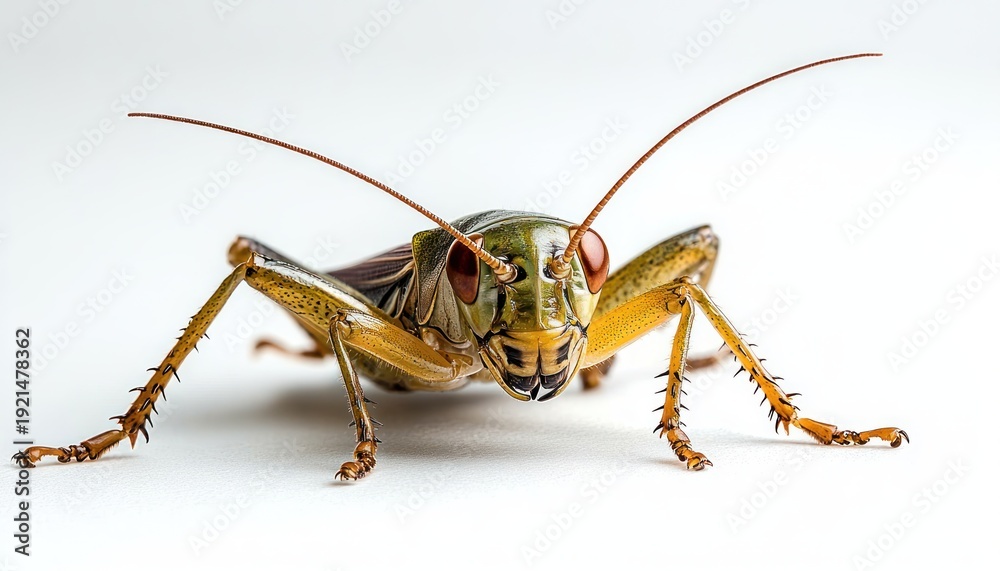 Fototapeta premium Close up green grasshopper with long antennae and spiky legs showing an intense alert stare on a clean white background