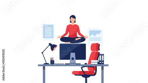Concept of work-life balance showing a woman meditating in a lotus pose while floating above her organized office desk.