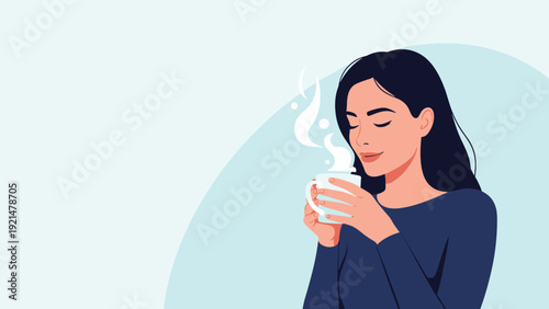 Young woman with closed eyes peacefully enjoying the aroma of a steaming cup of hot coffee or tea in a moment of relaxation.