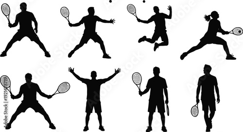 Professional tennis player silhouettes in various action poses including serving hitting and celebrating isolated on white background for sports competition and athletic design projects.