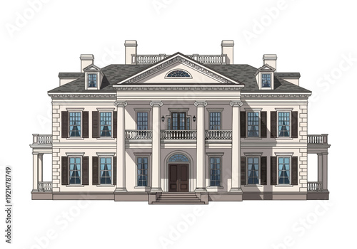 Large white house with columns.