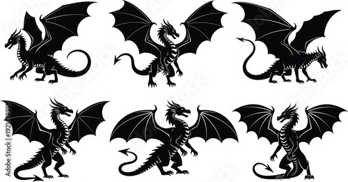 Collection of Black Dragon Silhouettes With Large Wings and Sharp Claws Isolated on White Background for Fantasy Games Mythical Graphic Design and Vector Illustration