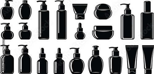 Set of Black Cosmetic Bottle Silhouettes Including Pump Dispensers Lotion Jars and Dropper Bottles Isolated on White Background for Beauty Skincare and Branding Design