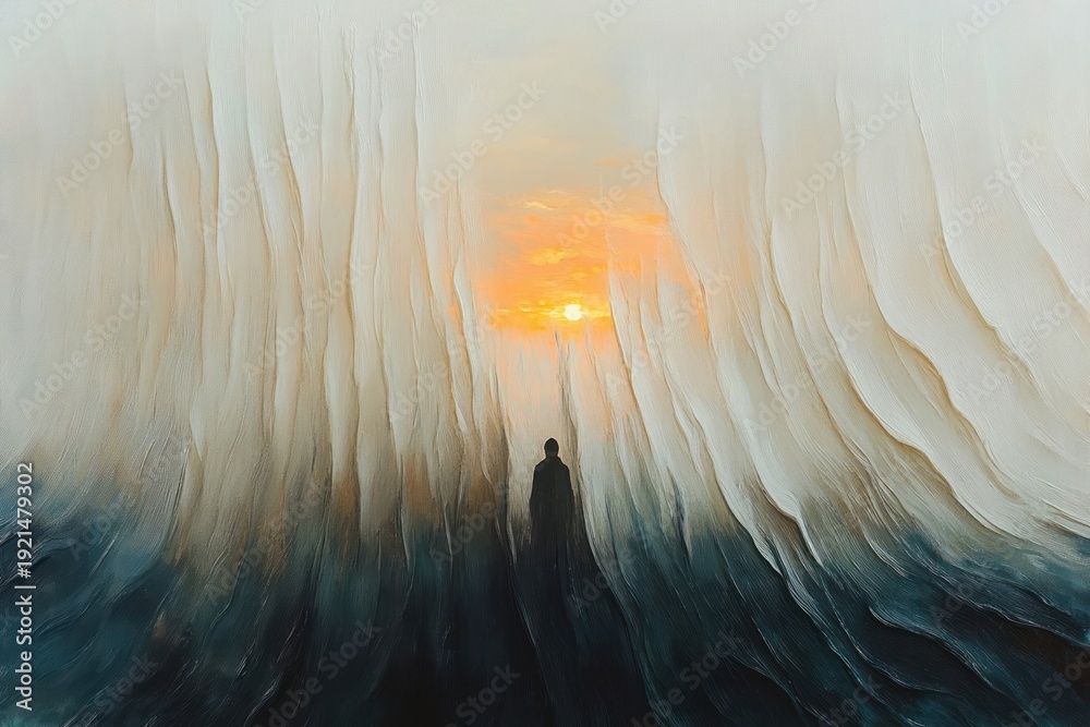 Obraz premium Lone silhouette between towering flowing walls of mist facing a glowing orange sun at dusk, evoking solitude and awe