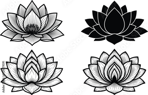 Set of Black Lotus Flower Silhouettes and Intricate Line Art Illustrations Isolated on White Background for Yoga Spa Wellness Zen and Floral Graphic Design