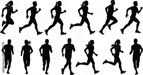 Set of Black Runner Silhouettes Including Men and Women Jogging and Sprinting Isolated on White Background for Fitness Sports Marathon Training and Athletic Design