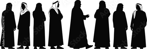 Set of Black Silhouettes Featuring Arab Men in Traditional Clothing Kandura and Thobe Isolated on White Background for Middle Eastern Cultural and Business Design
