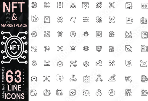 63 NFT Marketplace Line Vector Icon Set – Blockchain Trading Platform, Digital Collectibles and Asset Exchange Collection