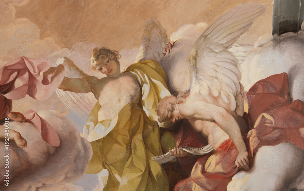 Obraz premium FLORENCE, ITALY - MARCH 17, 2025: The fresco of baroque angel (detail of Assumption) of church Badia Fiorentina by Gian Domenico Ferretti (1734)