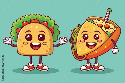 Friendly taco and burrito characters sharing a cheerful moment