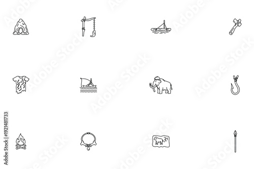 Set of stone age and prehistoric primitive culture line icons