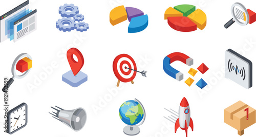 Isometric Business and Digital Marketing Icons Set with Analytics Charts Target Magnet Rocket Globe Location and Data Strategy Elements for Web Design.