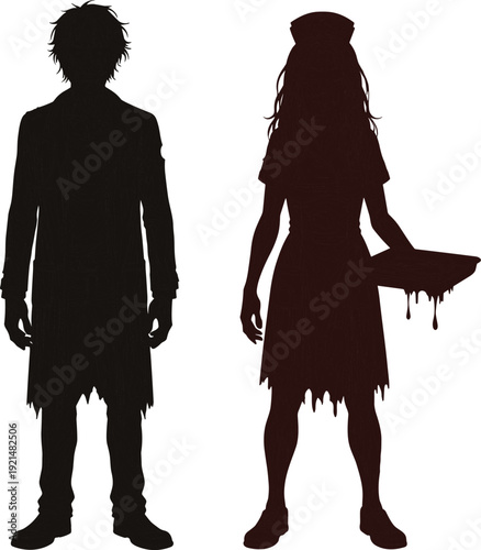 Dark silhouette horror characters, eerie waitress and rugged man, distressed texture, creepy atmosphere, mysterious duo, haunted theme, unsettling visual art