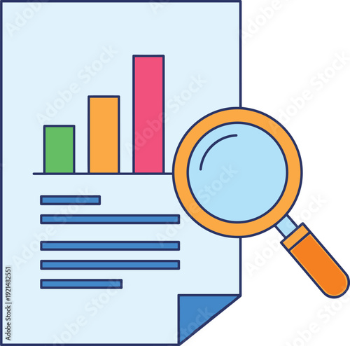 Data analysis, business report, bar chart, magnifying glass, audit document, financial review, infographic, research paper, analytics, colorful visualization