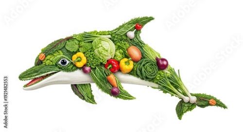 Creative dolphin made of fresh vegetables and fruits