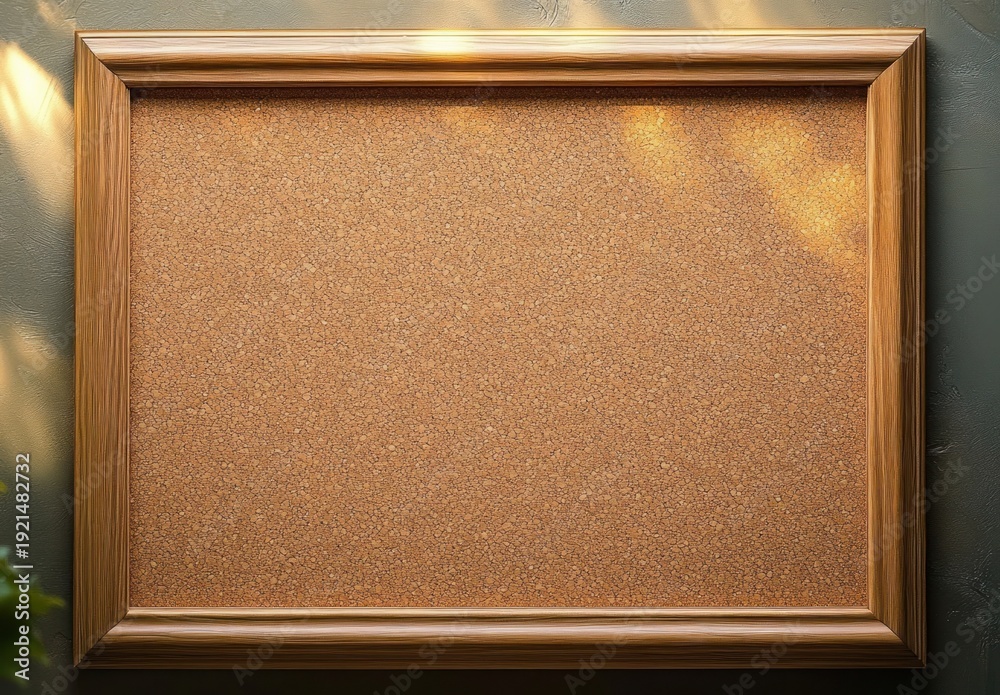 Fototapeta premium Empty cork bulletin board with wooden frame on green wall bathed in warm dappled sunlight and plant shadows, calm and inviting