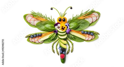Creative dragonfly food art with fresh vegetables