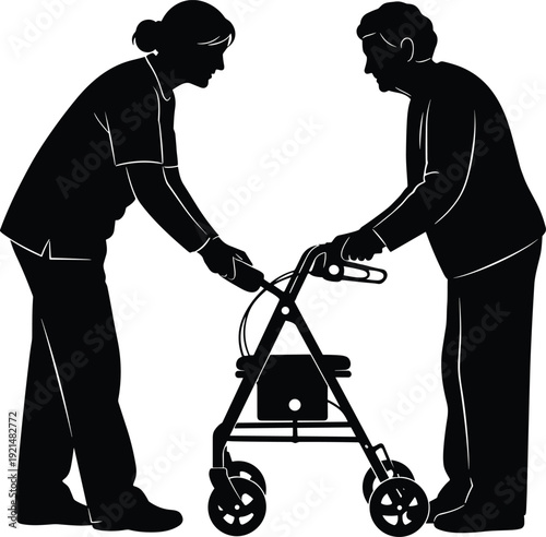 Black silhouette of a female nurse or caregiver assisting an elderly woman with a walker for rehabilitation and senior mobility support