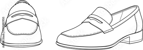 Loafers footwear line art flat vector illustration, fashion design, classic shoes, side and front view, product artwork